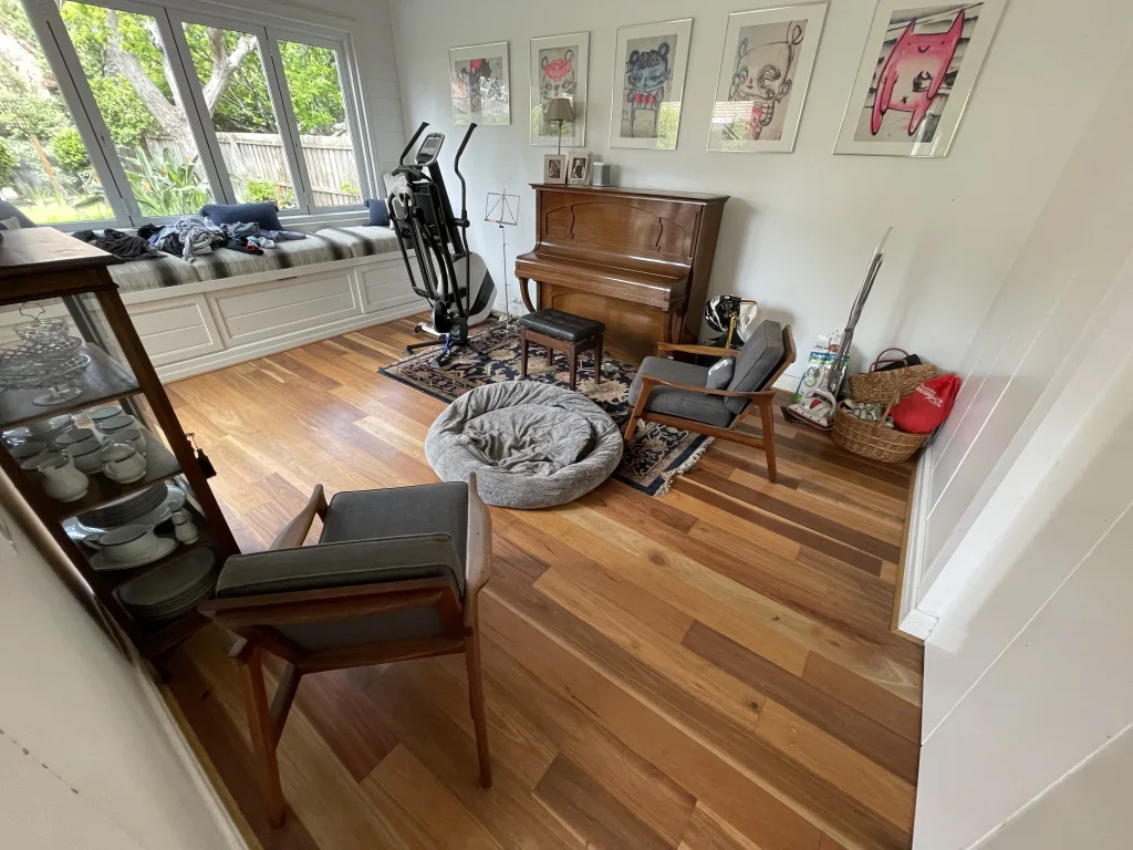 The same engineered Spotted Gum floor before restoration